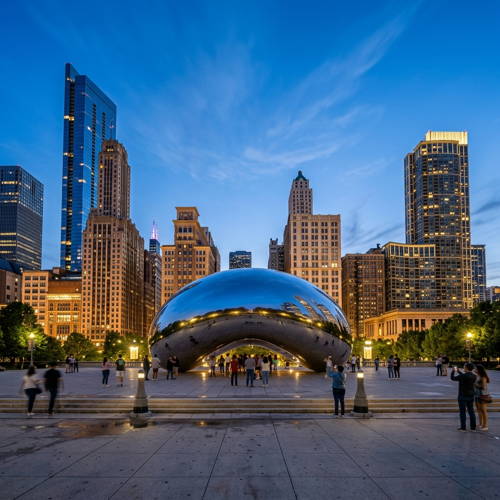 Chicago Millennium Park Cloud Gate and Skyline